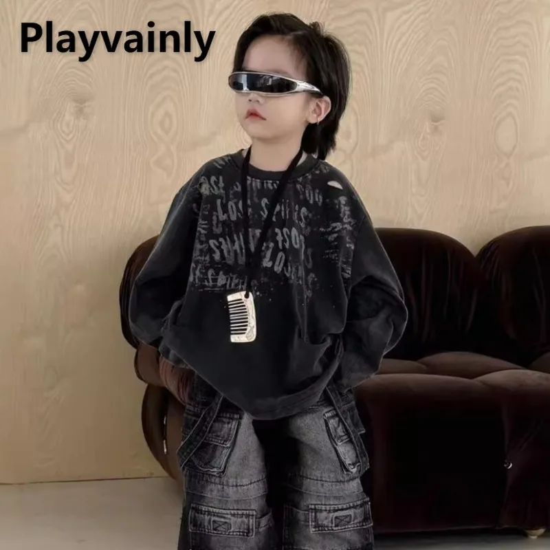 

2025 New Spring Autumn Boy Casual Loose T-shirt Dark Grey Letter Long Sleeve Pullover Tops Fashion Versatile Kids Clothes A24116