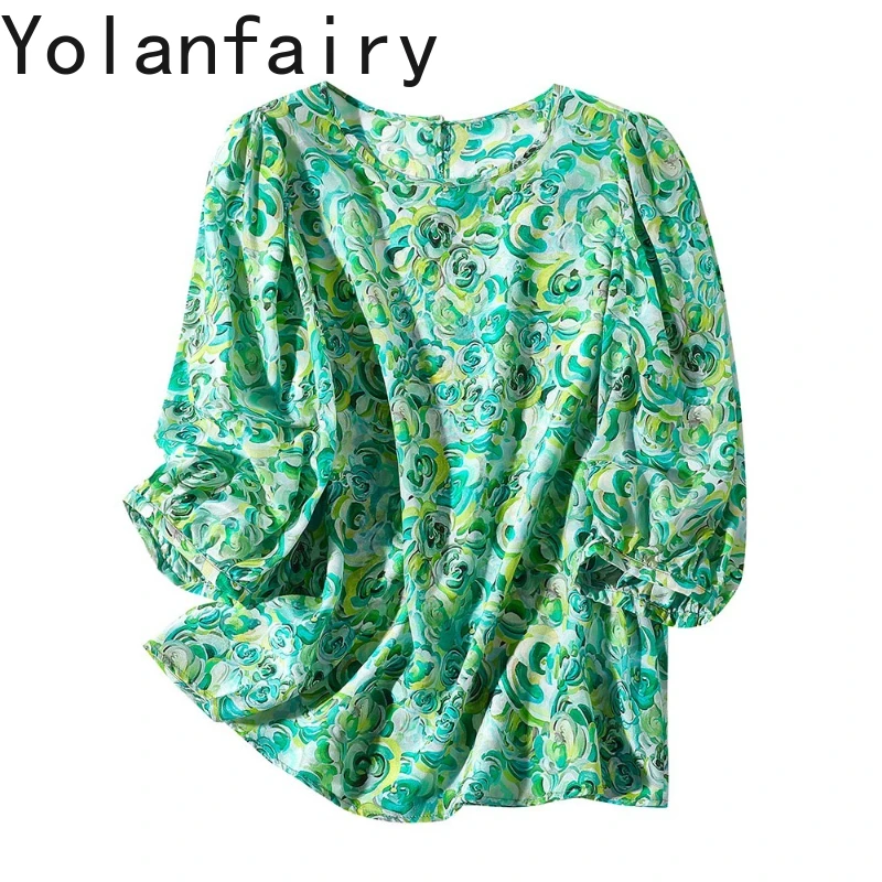 

YOLANFAIRY High Quality 100% Natural Mulberry Silk T Shirts for Woman Summer Chic Tee Shirt Puffed Sleeves Vintage Floral Blouse