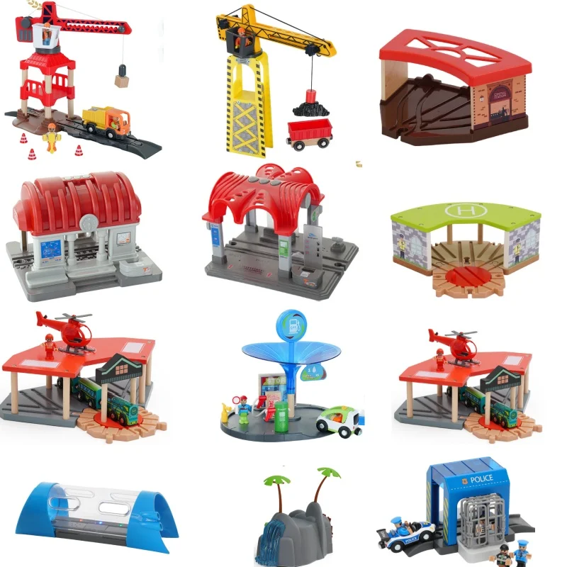Todo tipo de vías de tren de madera, accesorios, puente de madera, túnel, vía urbana, apto para vías de madera, juguetes, escena de juguete