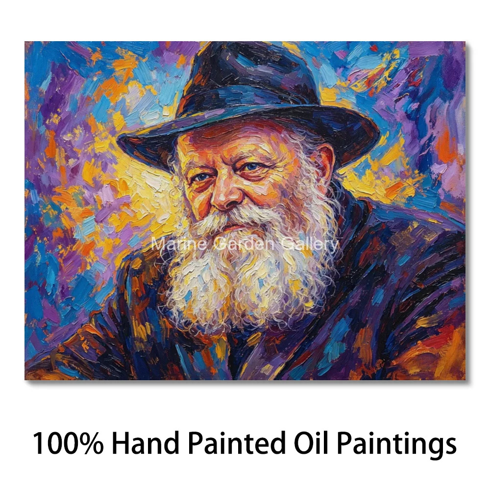 Lubavitcher Rebbe Hand Painted Jewish Portrait Oil Painting Textured Judaism Canvas Art Contemporary Wall Decor for Rabbi Office