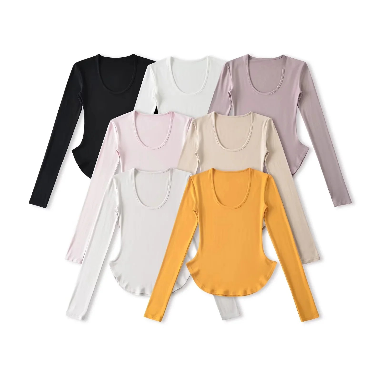 Sweet And Spicy Slim Fit Versatile Base Shirt round Hem Ant Waist Short Top Pure Desire Wind Irregular Long Sleeve T Shirt Women