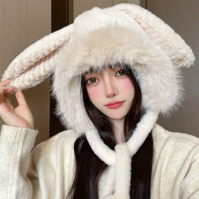 The Hat Girl Cute Plush Rabbit Ears Big Head Circumference Thickened And Warm Winter Snow Outdoors Cycling Hat