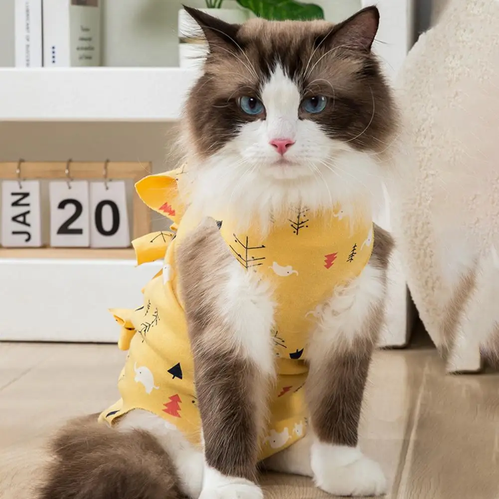 Adjustable Back Strap Cat Suit Breathable Cartoon Print Cat Recovery Suit with Elastic Neck for Female for Post-operative