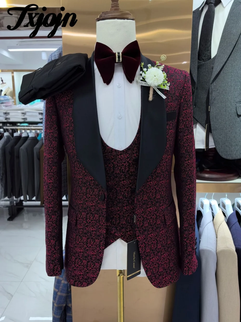 Charming Sequin Men Suit Set 3PCS Charming Single Breasted Men Office Suit Formal Jacquard For Business Wedding Suit Customized