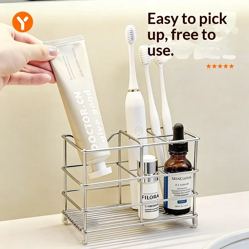 Stainless Steel Toothbrush Holder Countertop Bathroom Organizer Multifunctional Electric Toothbrush Toothpaste Storage Rack