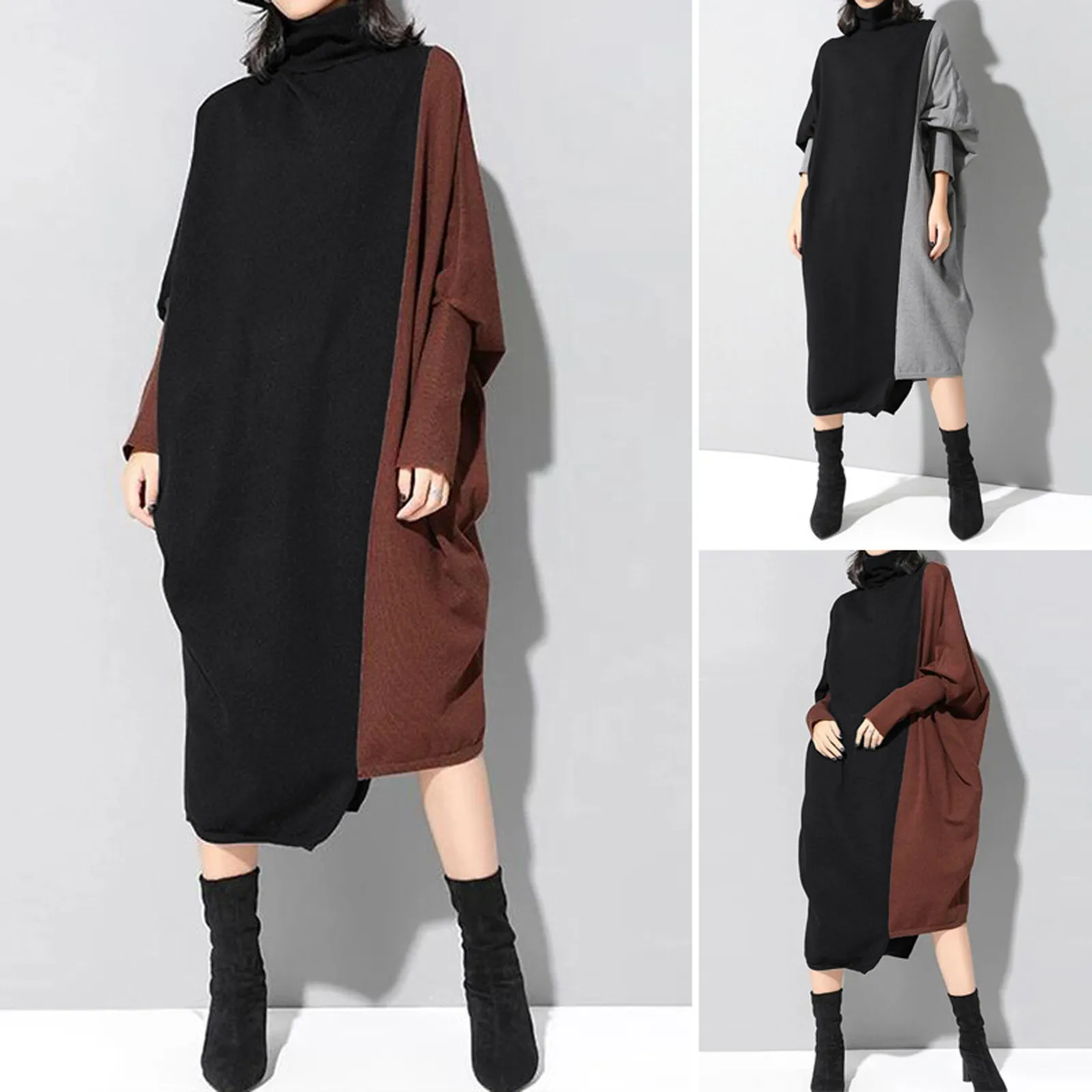 

Women Korean Style Spliced Knitted Midi Dress Autumn Fashion Turtleneck Long Sleeve Oversized Dresses All-Match Elegant Female