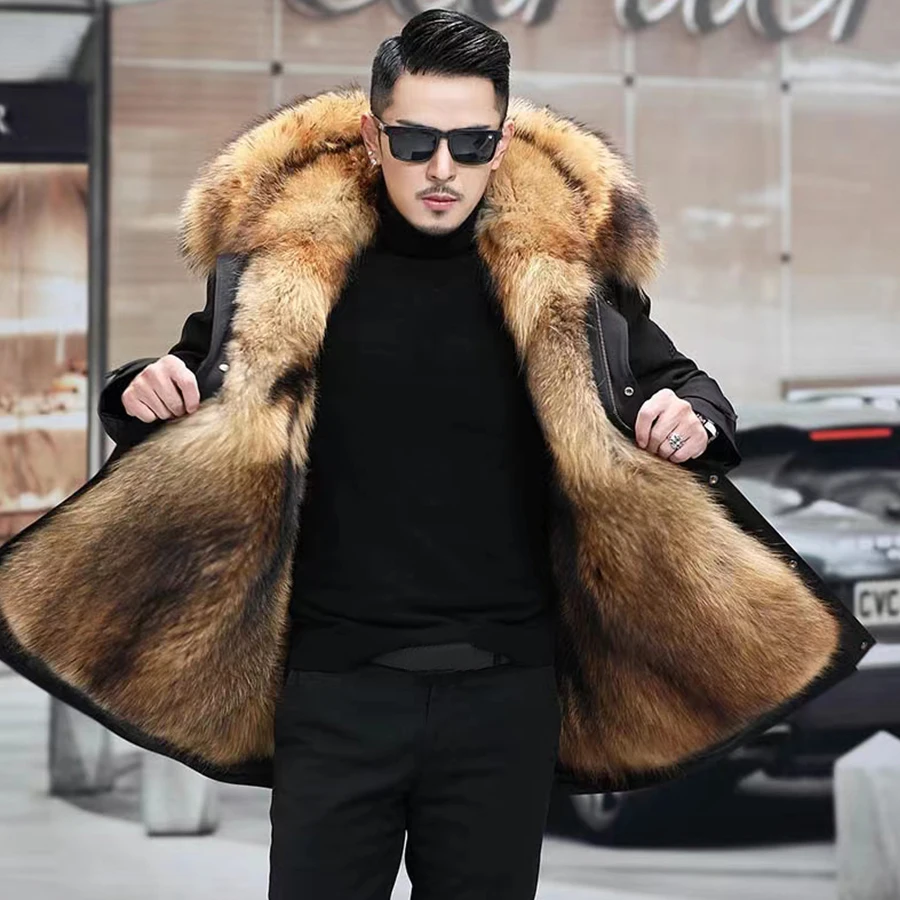 Parka de pele masculina casaco de inverno 100% jaqueta de pele de guaxinim natural novo quente com capuz