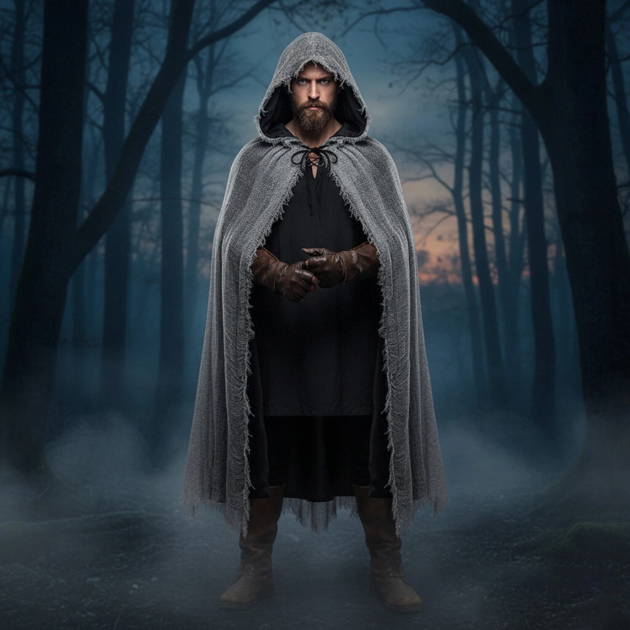 Distressed Ragged Hooded Full Length Cape Grey Rough Texture Tattered Cloak Adult Halloween Horror Ghost Medieval Wizard Role - view 3