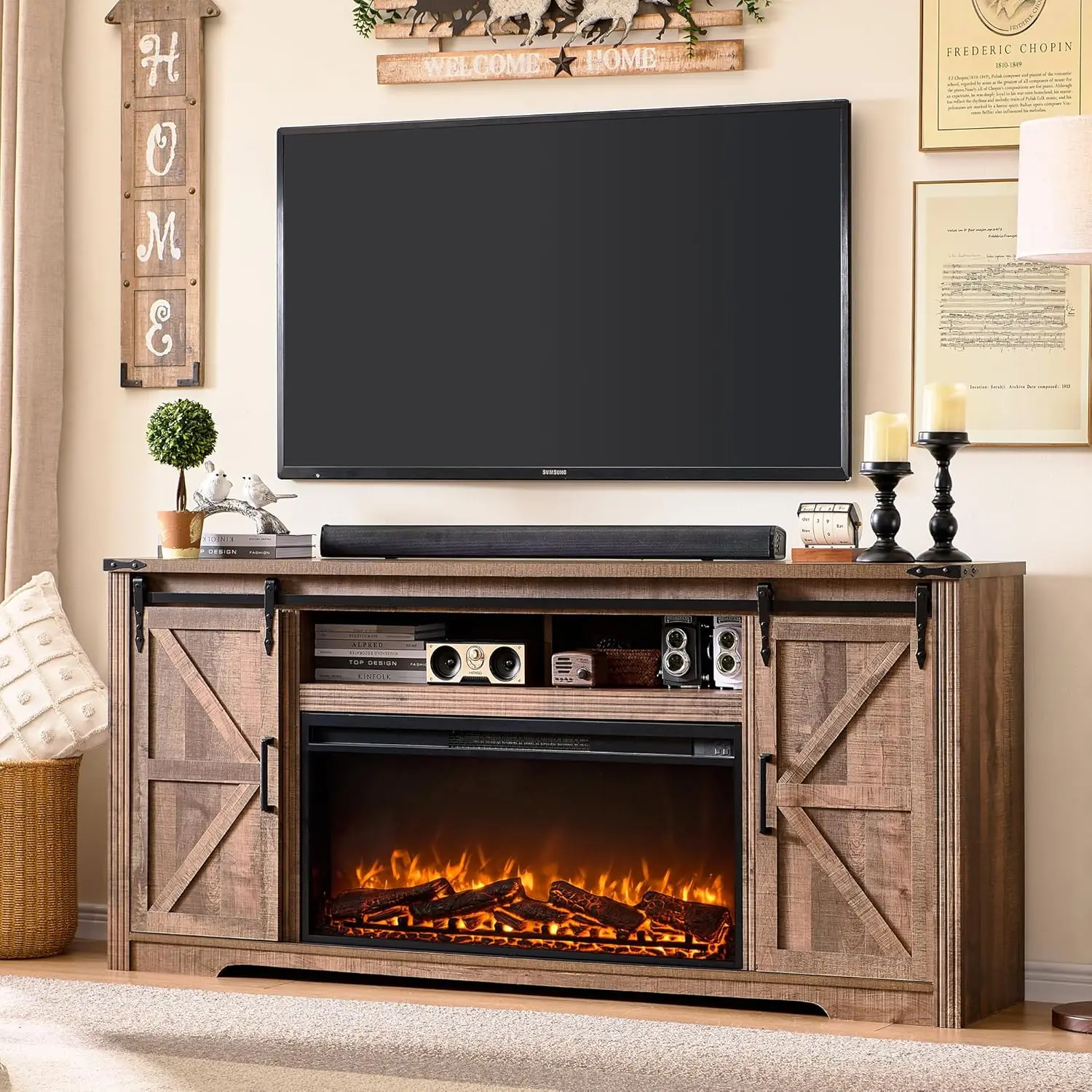 

Jxqtlingmu Fireplace Tv Stand For 80 Inch Tv, Farmhouse Entertainment Center With 36"" Fireplace, Modern Media Console With