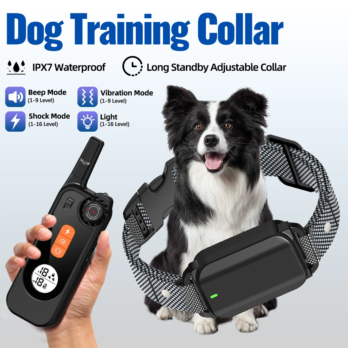 Electric Dog Training Collar Remote Control Vibrator Pet Dog Bark Stop Shock Collar Beep IPX7 Waterproof Flashlight 3140000ft²