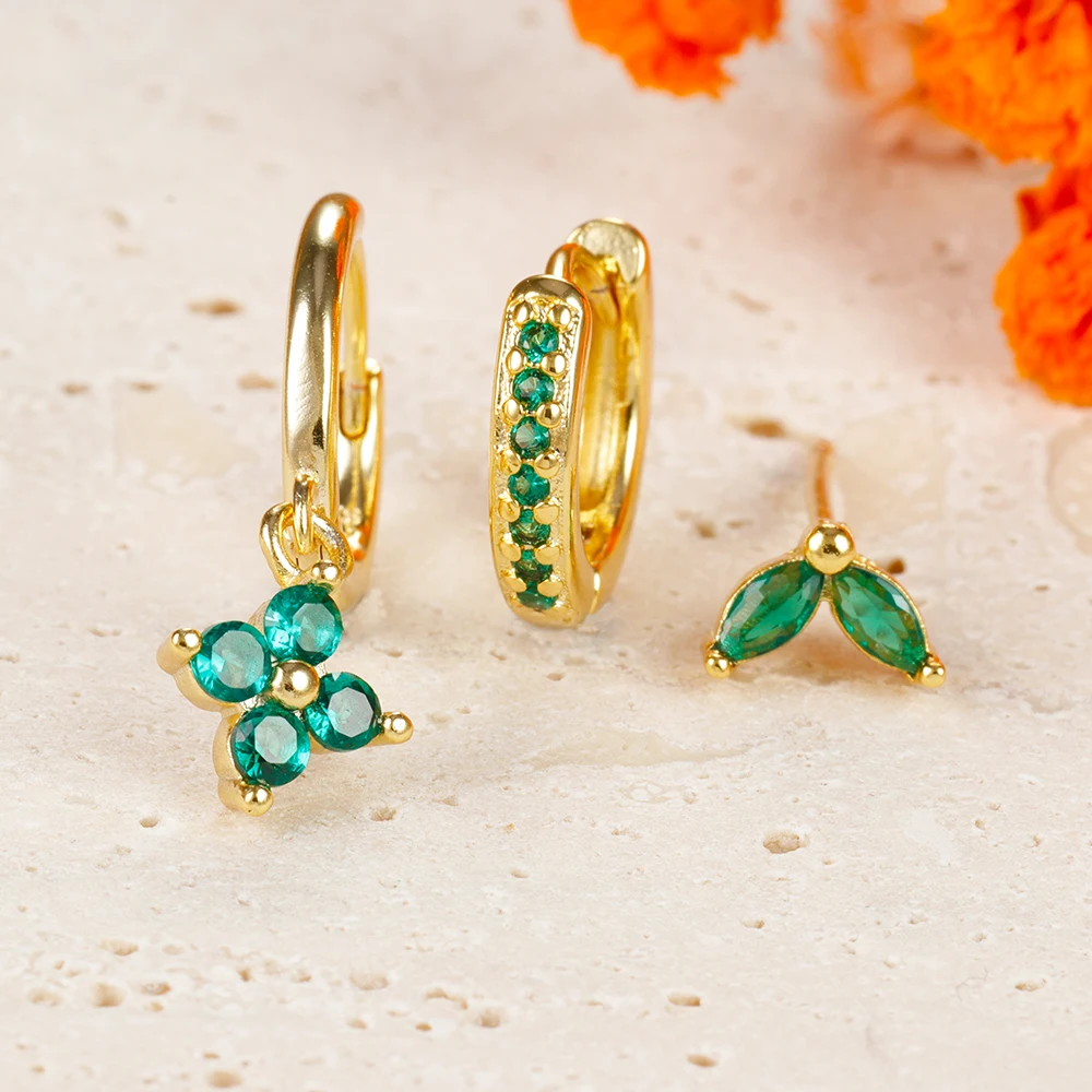 Juego de pendientes colgantes de circonita verde para mujer, aretes colgantes de flores de acero inoxidable, Piercing para cartílago, joyería