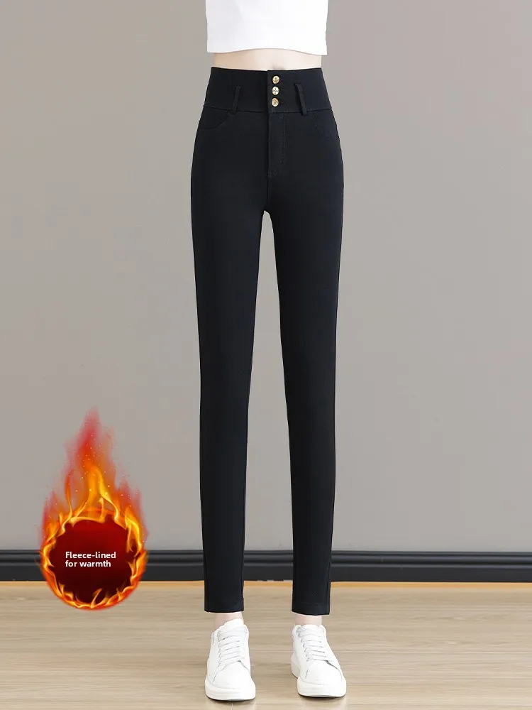Women's Fleece Lined Thickened High Waist Slim Fit Black Pants Elastic Casual Nine Point Long Pants Warm Thick Winter Trousers