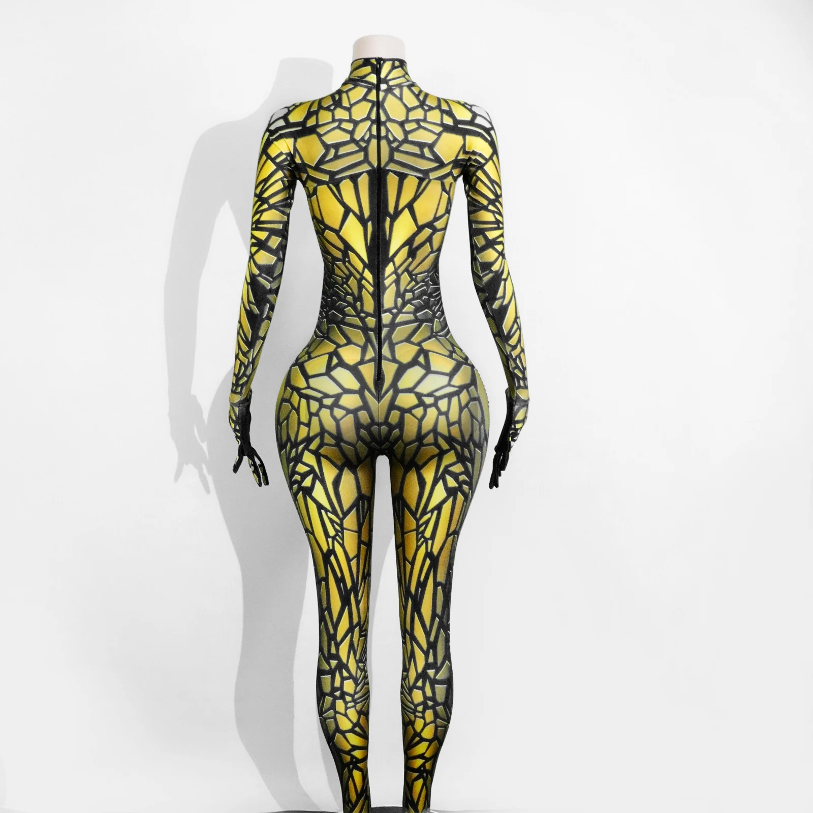 الذهبي Crackpatterned Highneck ضيق بذلة مثير تمتد الرقص ضيق حزب المغني Dj المرحلة زي عيد ميلاد سحب الملكة زي #2