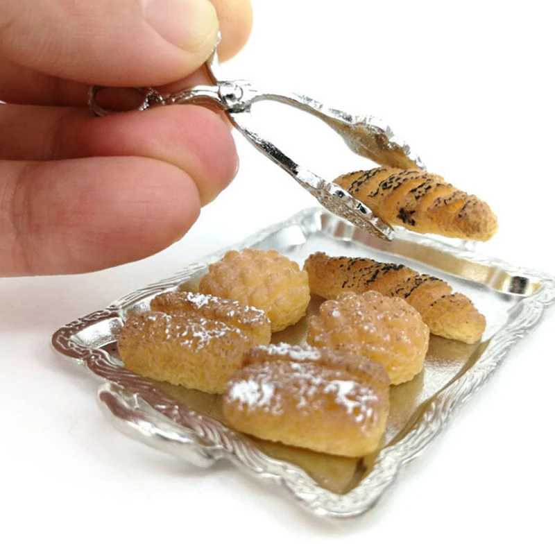 Silver Tray + Clip + 6 Breads 8Pcs Set 1/12 / 1/6 Dollhouse Kitchen Accessories Doll Houses Miniature Accessories Toys Gift