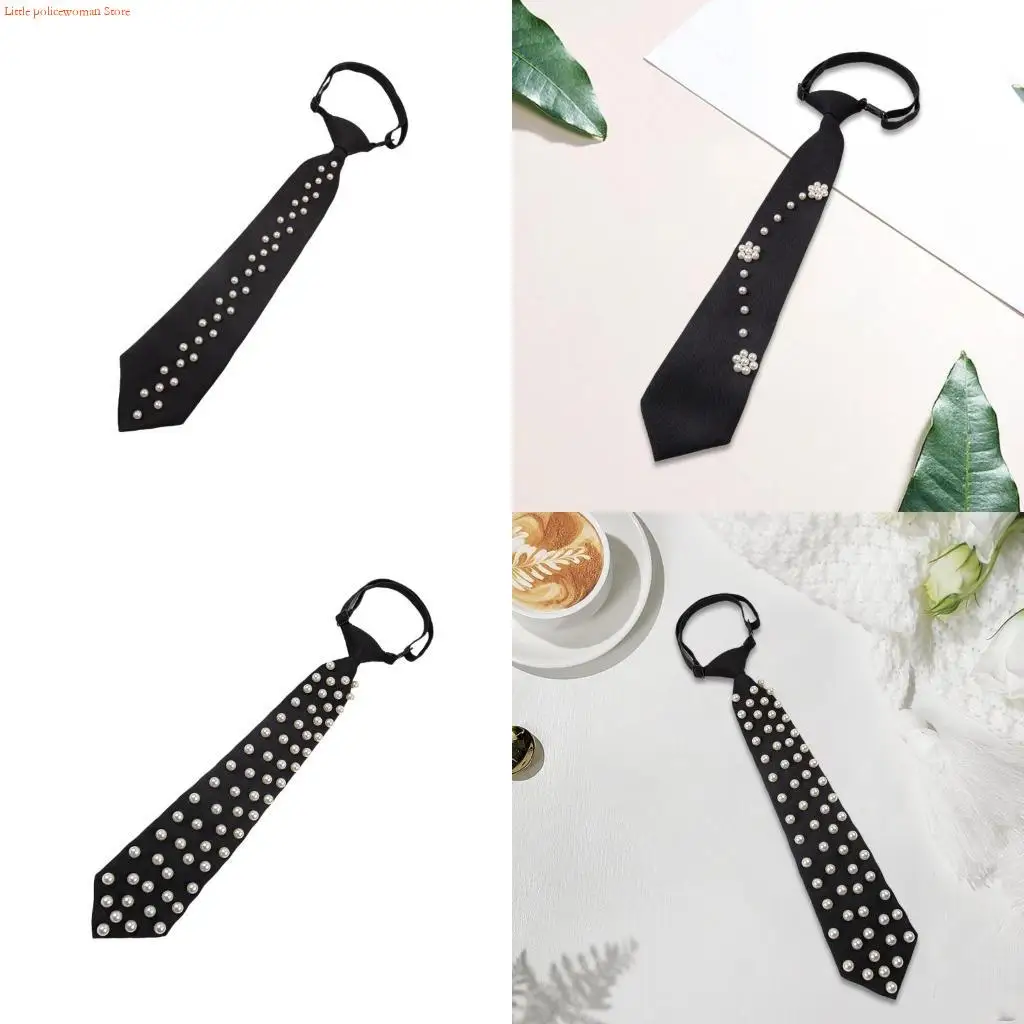 F92D Elegant Artificial Pearls Studded JK Necktie Knot for Women Men Neck Tie Club Party Necklace Tie Stage Show Neckwear