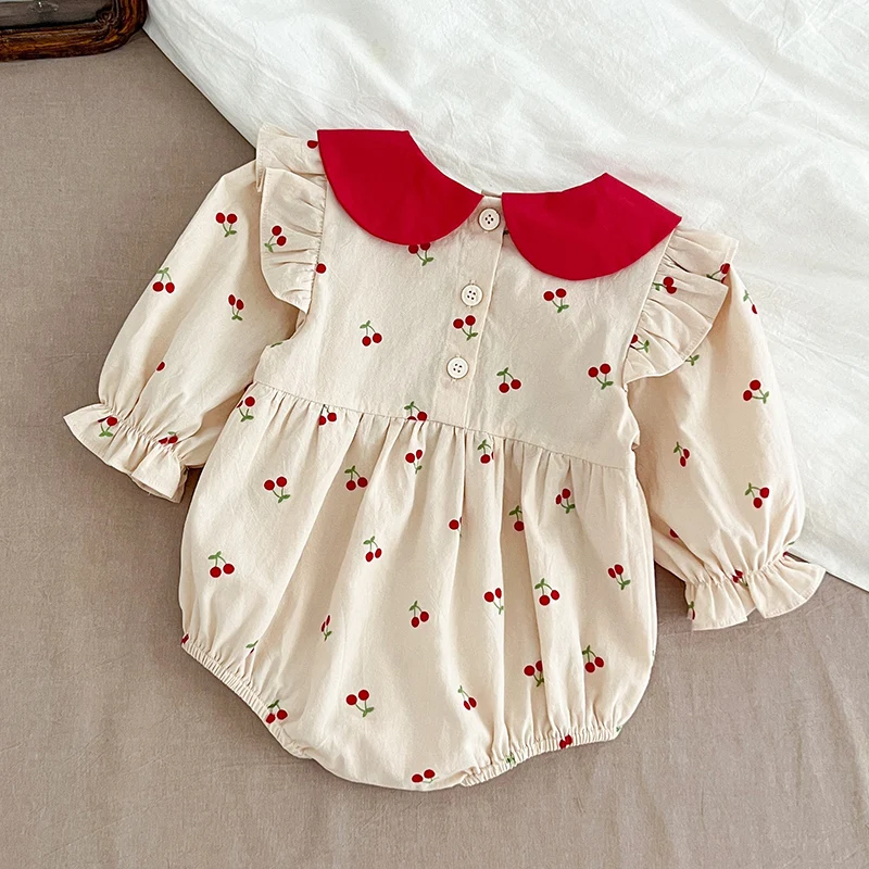 New Spring 0-24M Children Clothes Infant Baby Girls Jumpsuit Long Sleeved Cotton Cherry Print Romper Korean Style Climbing Suit