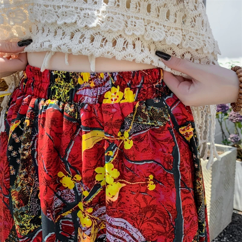 Falda bohemia de cintura alta elástica para mujer, falda larga de playa informal Vintage para vacaciones de verano