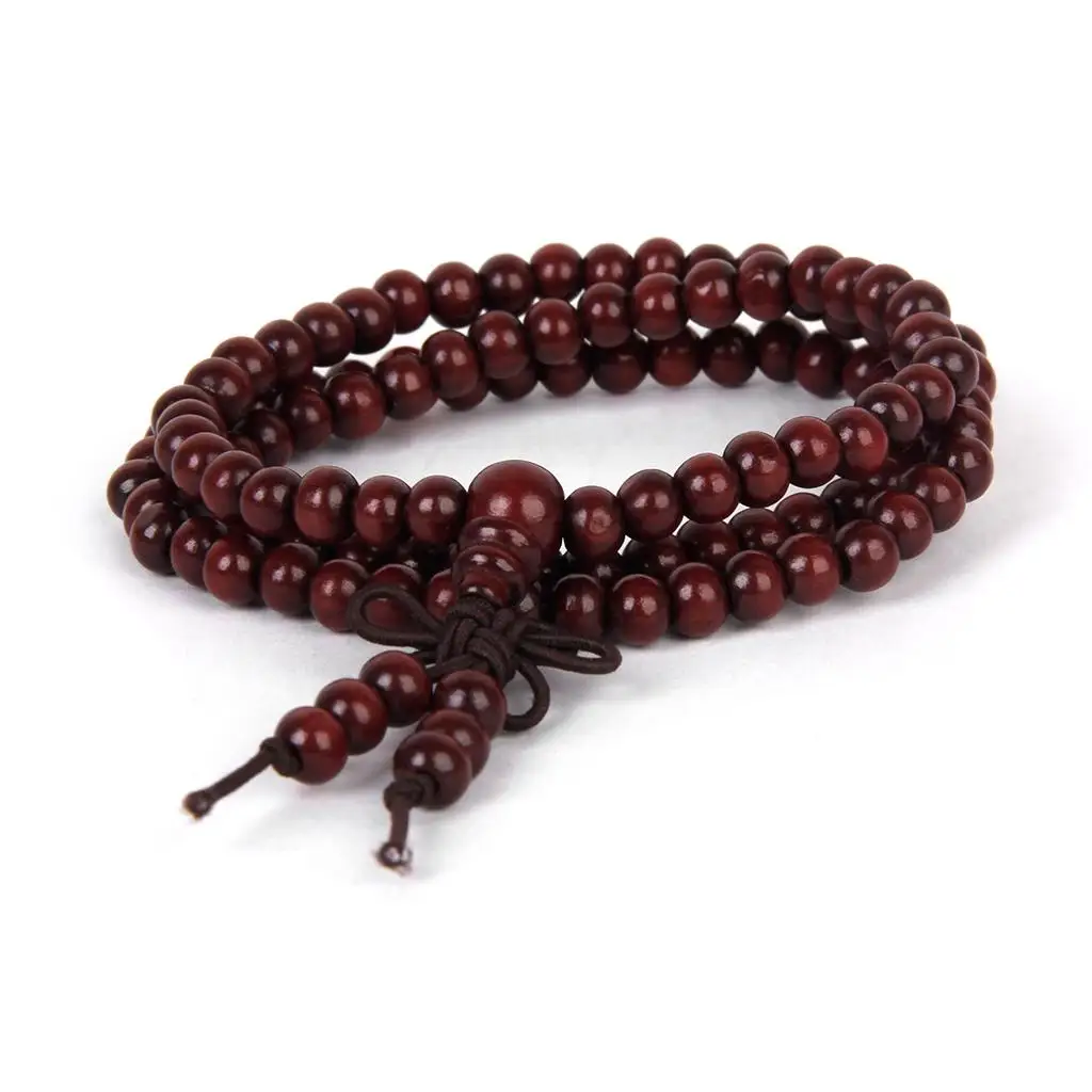 Purplish Red Buddhist Bracelet 108 Wood Beads Elastic Wristband Prayer Mala for Spiritual and Everyday Use