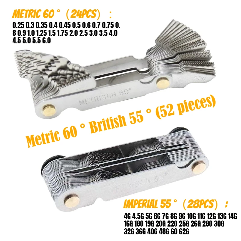 52 Blades Stainless Steel Pitch Scale High Precision Measuring Tool Metric 60 and Imperial 55degree One Pcs Thread Gauge Samples