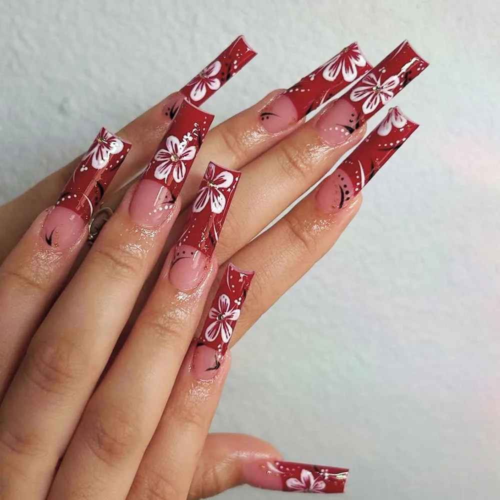 24 szt. Długie kwadratowe sztuczne paznokcie z brokatowym kwiatowym wzorem, naklejane paznokcie dla kobiet, francuski niebieski manicure, sztuczne paznokcie do noszenia. — zdjęcie 6