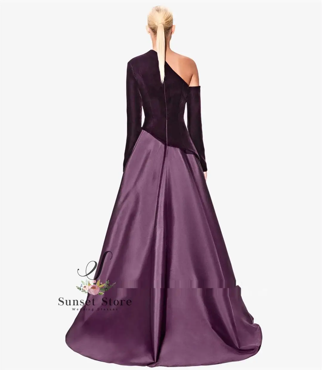 Customized  2025 New Two Tone One Shoulder Wave Dress Party Dress Burgundy Long Sleeves A-Line Prom Dress Gowns