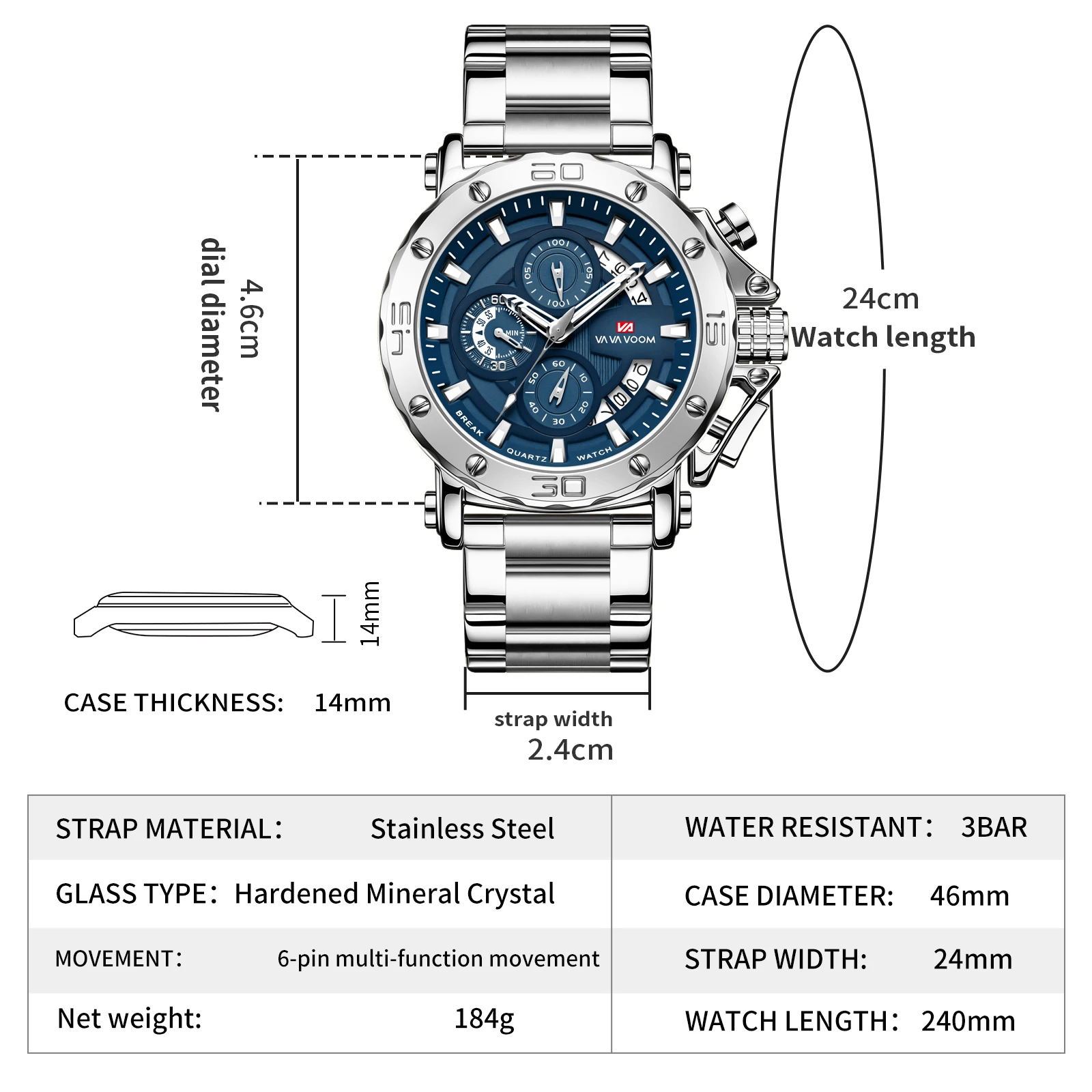 VA VA VOOM Chronograph Watch For Men Calendar Luminous Waterproof Man Clock Male Luxury Stainless Steel Men Quartz Watches Reloj image 4