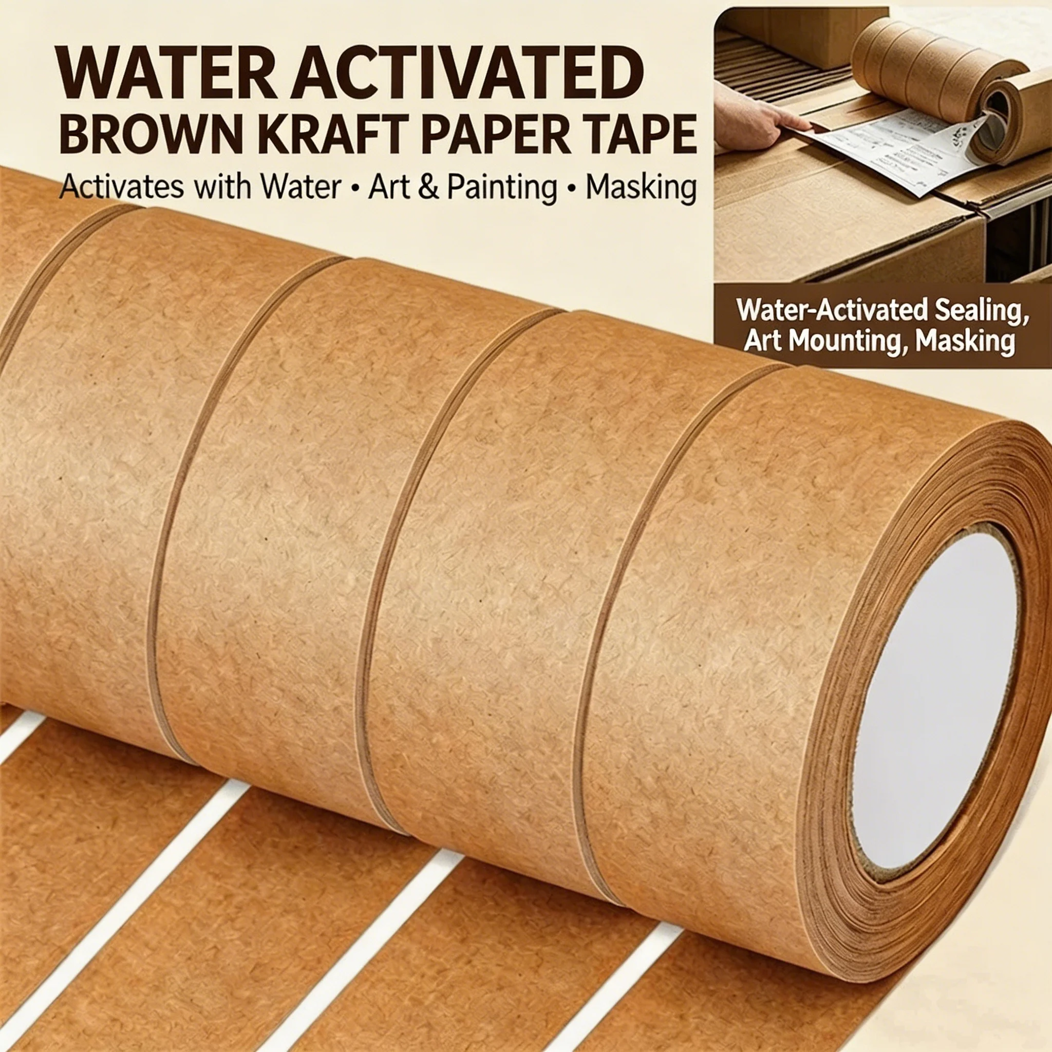 Water Activated Gummed Kraft Paper Tape, Eco-Friendly Biodegradable Wet Paper Tape, Tamper-Evident Starch Adhesive Tape for Cart