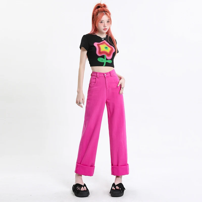 

2023 Summer Candy Colors Jeans Women High Waist Loose Wide Leg Jeans Denim Straight Pants Female Jean Trousers 0892