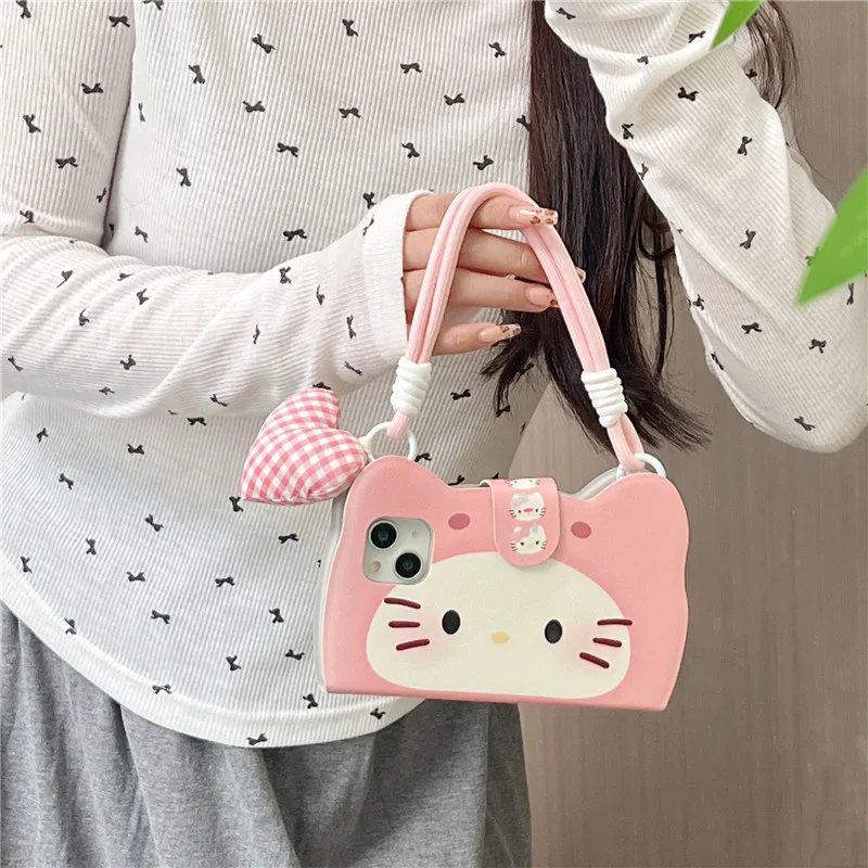 

Чехол для телефона Sanrio Hello Kitty Lovable Pink KT Cat Countenance для iPhone 16, 15, 14, 13 Pro Max Y2K с ремешком на руку для девочек, задняя крышка