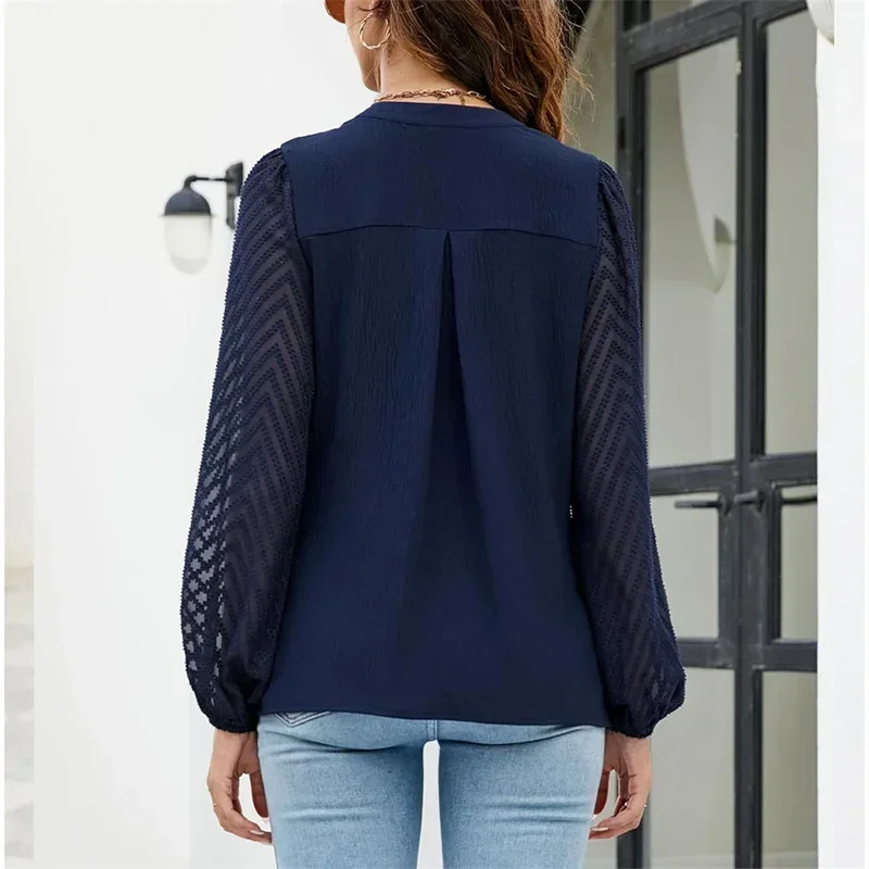 Blusa feminina de manga comprida com decote em v, pulôver feminino, monocromático, renda, bolha, elegante, casual, viajante, tops coreanos, outono