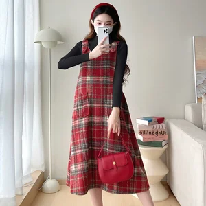 Ano novo chinês mulher grávida vestido vermelho ternos manga longa camisas finas + vestido de alça xadrez twinset plus size a linha terno de verão 10 principais vendas pregnant qipao - №7