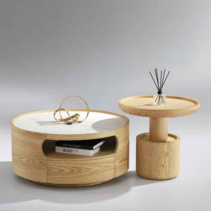 Modern minimalist tea table combination for small units with round wooden colored coffee tables