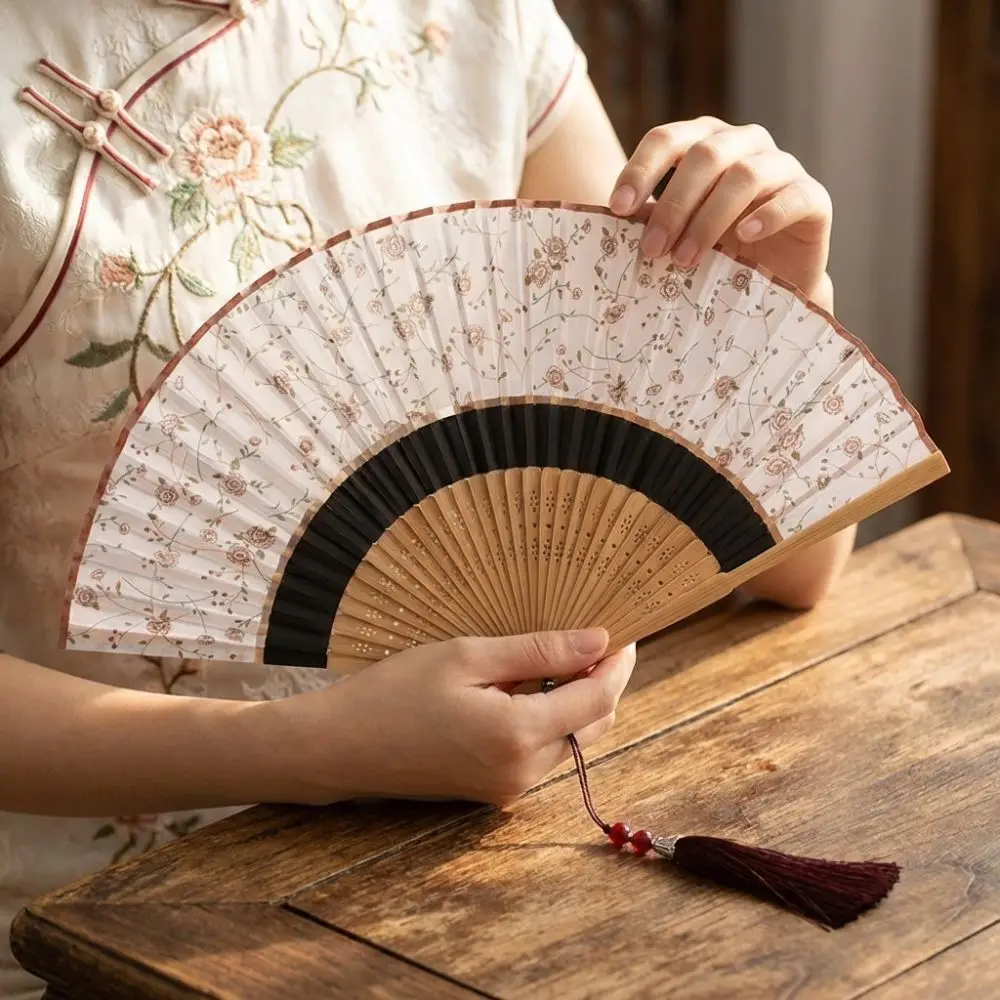 

Costume Accessory Portable Folding Fan Classical with Tassel Chinese Style Fan Decorative Vintage Bamboo Fan Summer