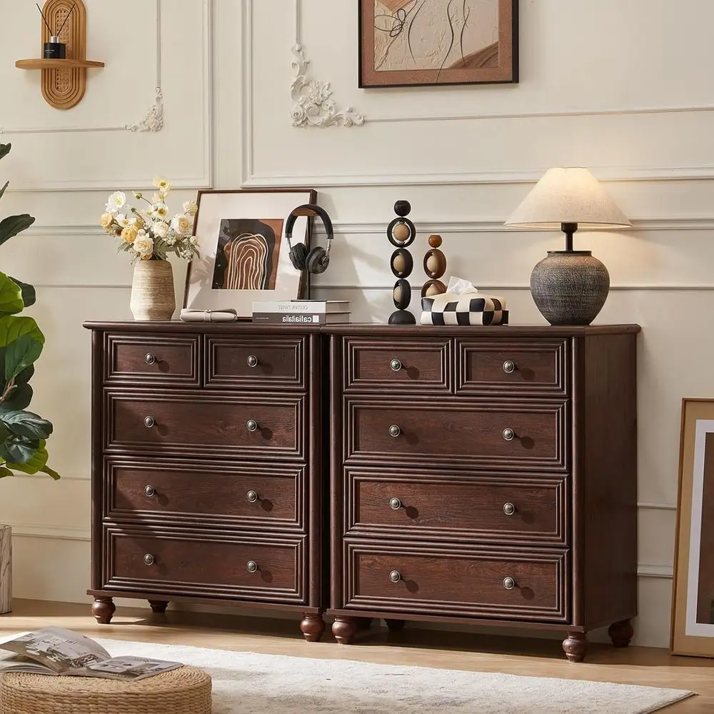 

Комплект из 5-ти ящиков, высокий комод из орехового дерева 35,5 дюймов, деревянный комод в деревенском стиле с колоннами, органайзер для хранения для гостиной, прихожей, кладовой