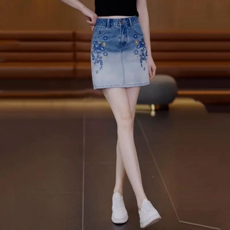Gradient Intricate Heavy Embroidery Denim Mini Skirt 2026 Spring Summer New Arrival High Waist Figure Flattering A Line Design