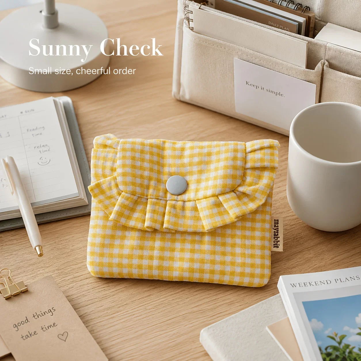 Women Ruffled Gingham Coin Purse, Snap Button Small Fabric Wallet, Portable Mini Pouch for Earphone Cards Cash clutch bag