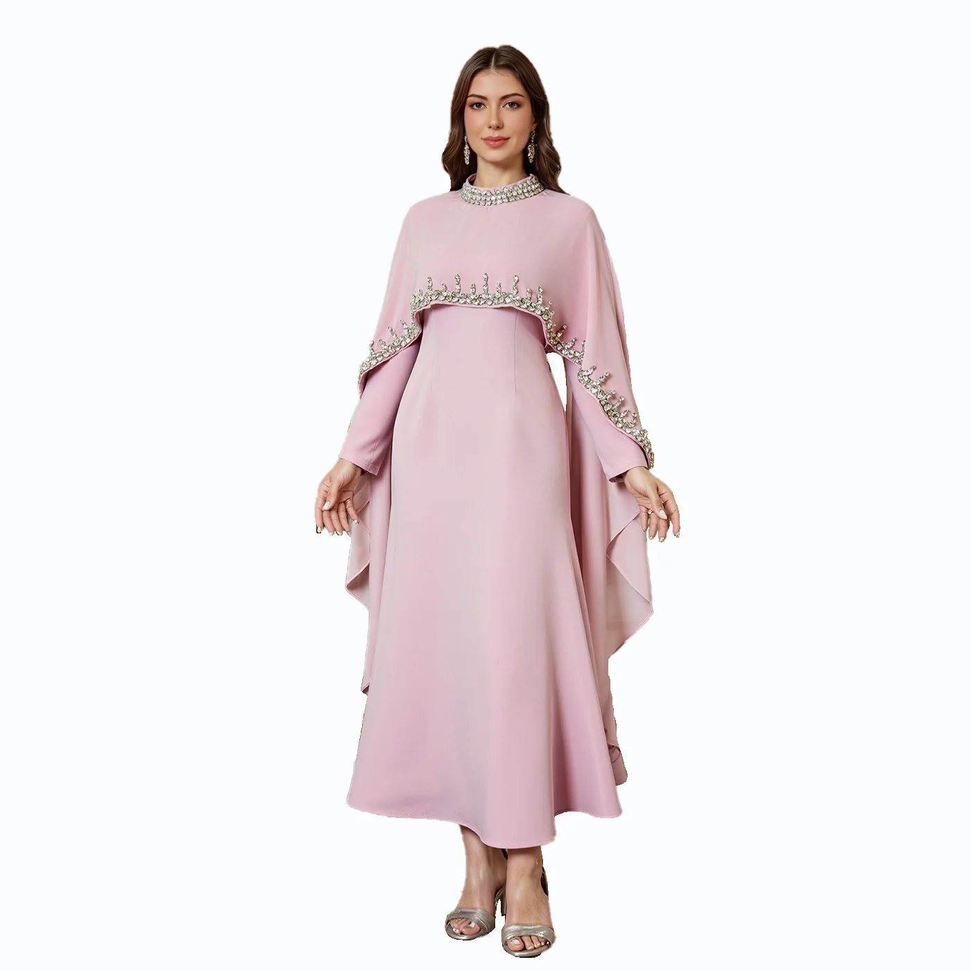 Américain européenne nouvelle mode femmes musulmanes rose couleur unie décontracté à la mode élégant à manches longues châle robe de cérémonie femme