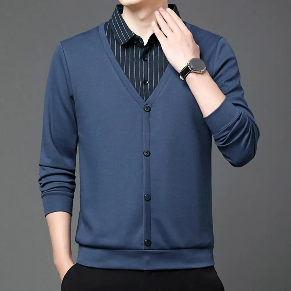 Men Fall Winter Sweater Lapel Sleeveless Single-breasted Fake Two-piece Elastic Casual Striped Men Casual Cardigan Sweater