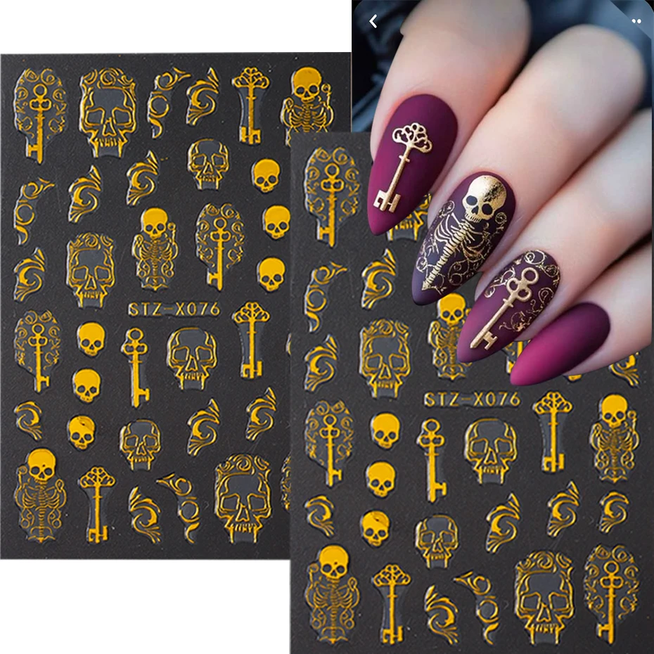 2 Stück Gold Totenkopf Aufkleber für Nägel Halloween Kürbis Gothic Design Flamme Gold Schlüssel DIY Tattoo Sliders Maniküre Horror Dekoration