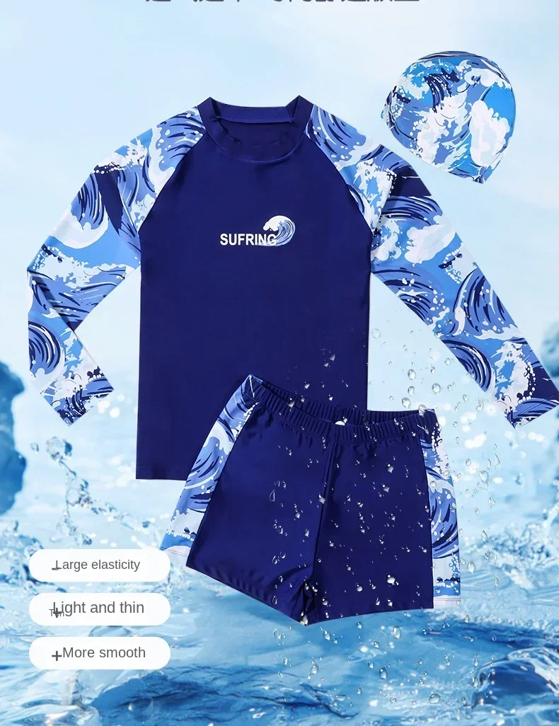 Children's Chubby Boys Swimsuit, Quick-Drying, Long Sleeve Swimming Suit, Sunscreen, Big Boy Plus Size Youth Swimwear,