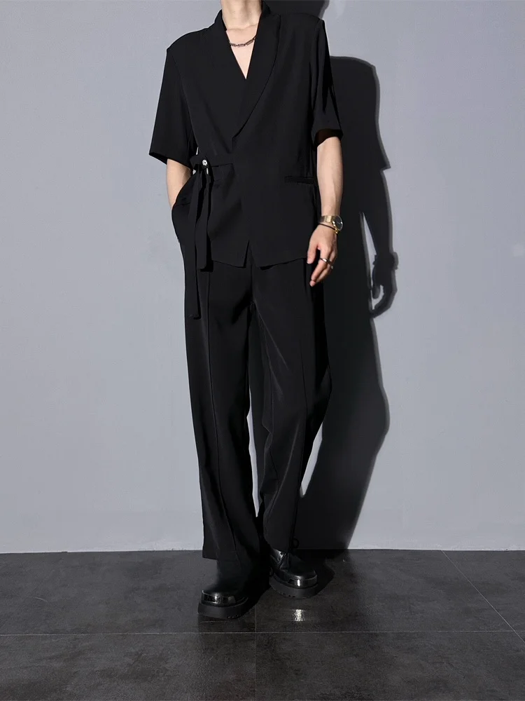 

Костюм-двойка из ледяного шелка для мужчин: повседневный свободный крой, летний, модный, из полиэстера, футболка и шорты