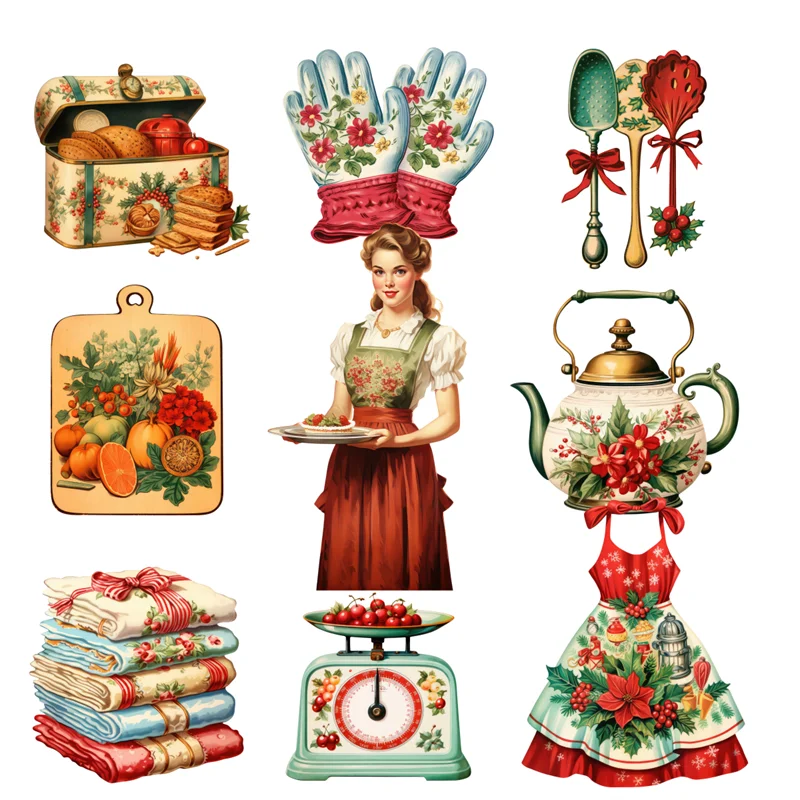 Watercolor Retro Christmas Kitchen Figure Kitchen Tools Stickers Vintage, Waterproof   for Photo Album stationery scrapbooking