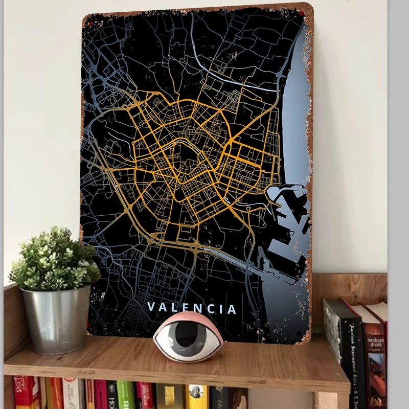 Valencia Spain City Map Metal Wall Art Modern Urban Decorative Iron Painting for Home Office Decoration