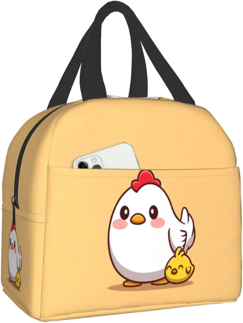 Kawaii Chicken Lunch Bento Bag Insulated Lunch Box Reusable Waterproof Lunch Bag with Front Pocket for School Office Picnic