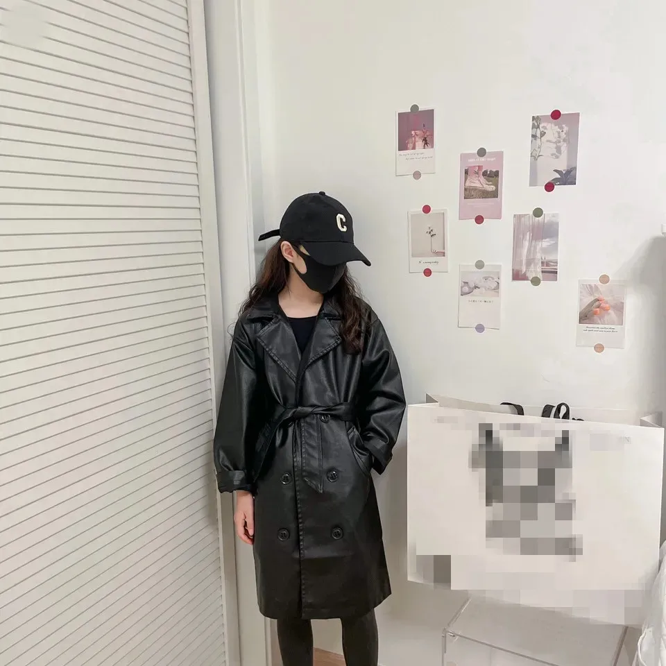 3-15Years Girls PU Leather Long Jackets with Pockets Kids Kahaki Black Coats Teenager Girls Fall Outewear 8 9 10 11 12 13 14