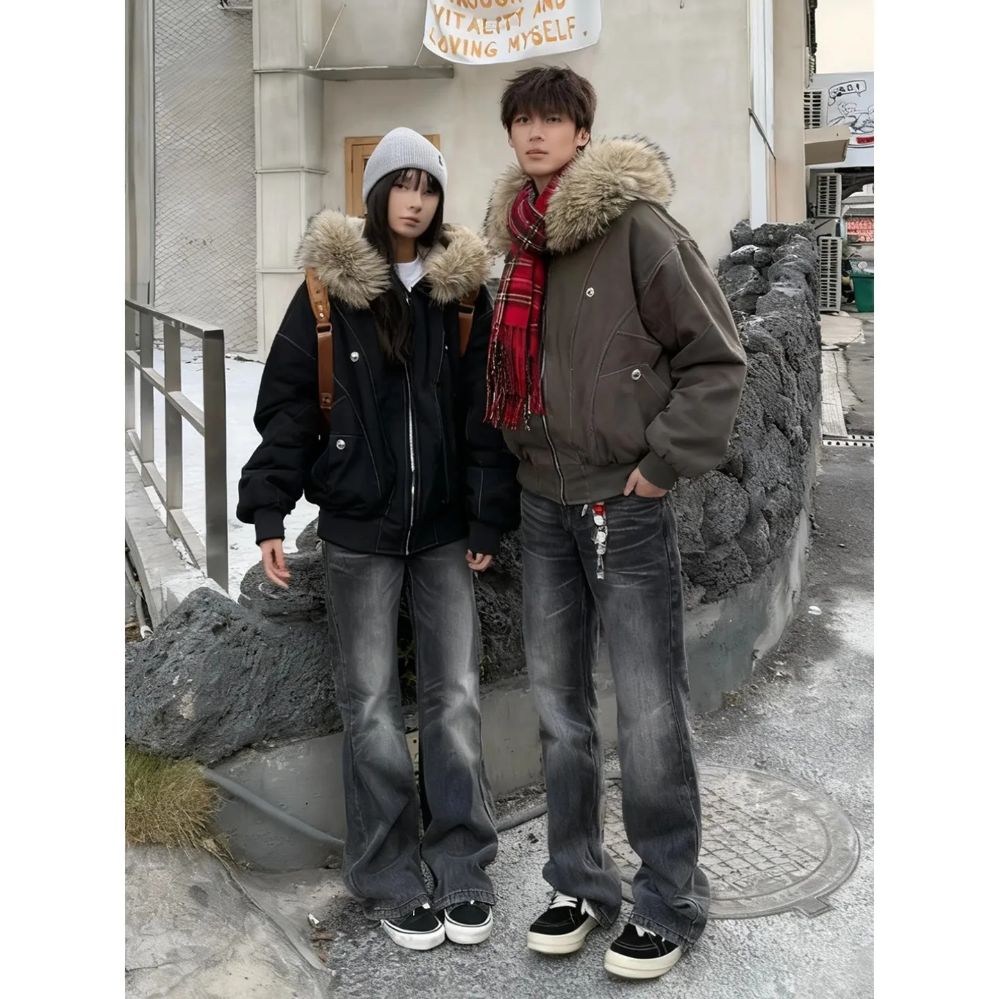 

Warmth Thiened Men's Cotton Jaet American Sle Large Fur Collar Workwear Parka Coat Youth Faion Casual Outerwear