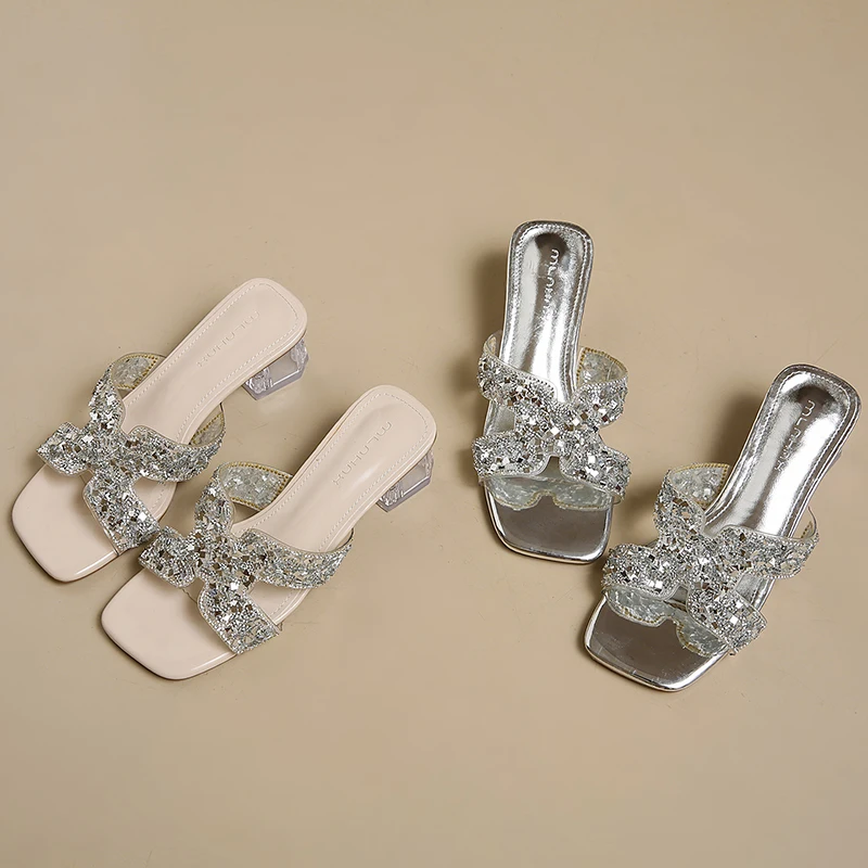 Summer New Crystal Fairy Style Women's Sandals, Coarse Heels, French Open-toe Square Heels, Low-heeled Fashion Slippers
