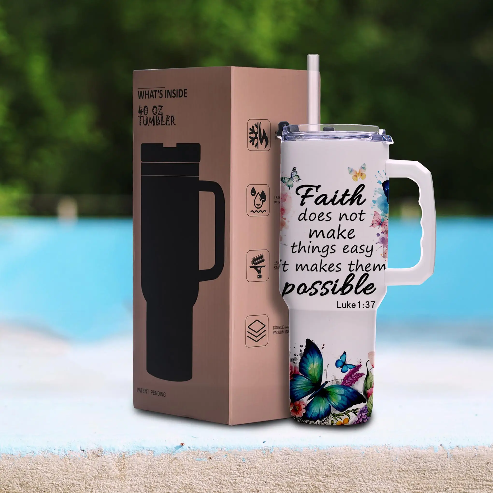 

Faith Cross Butterfly 40oz Tumbler, Stainless Steel, Vacuum Insulated, Leakproof Lid, Wide Mouth, Christian Gift for Mom