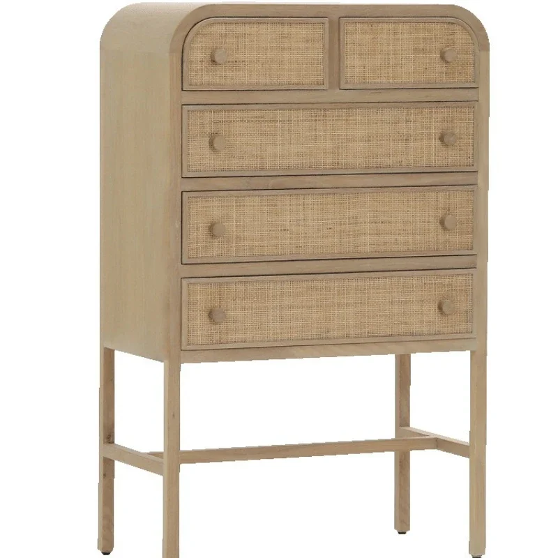 

Nordic retro drawer chest, wabi-sandy wind solid wood rattan storage, homestay double-edge entrance cabinet