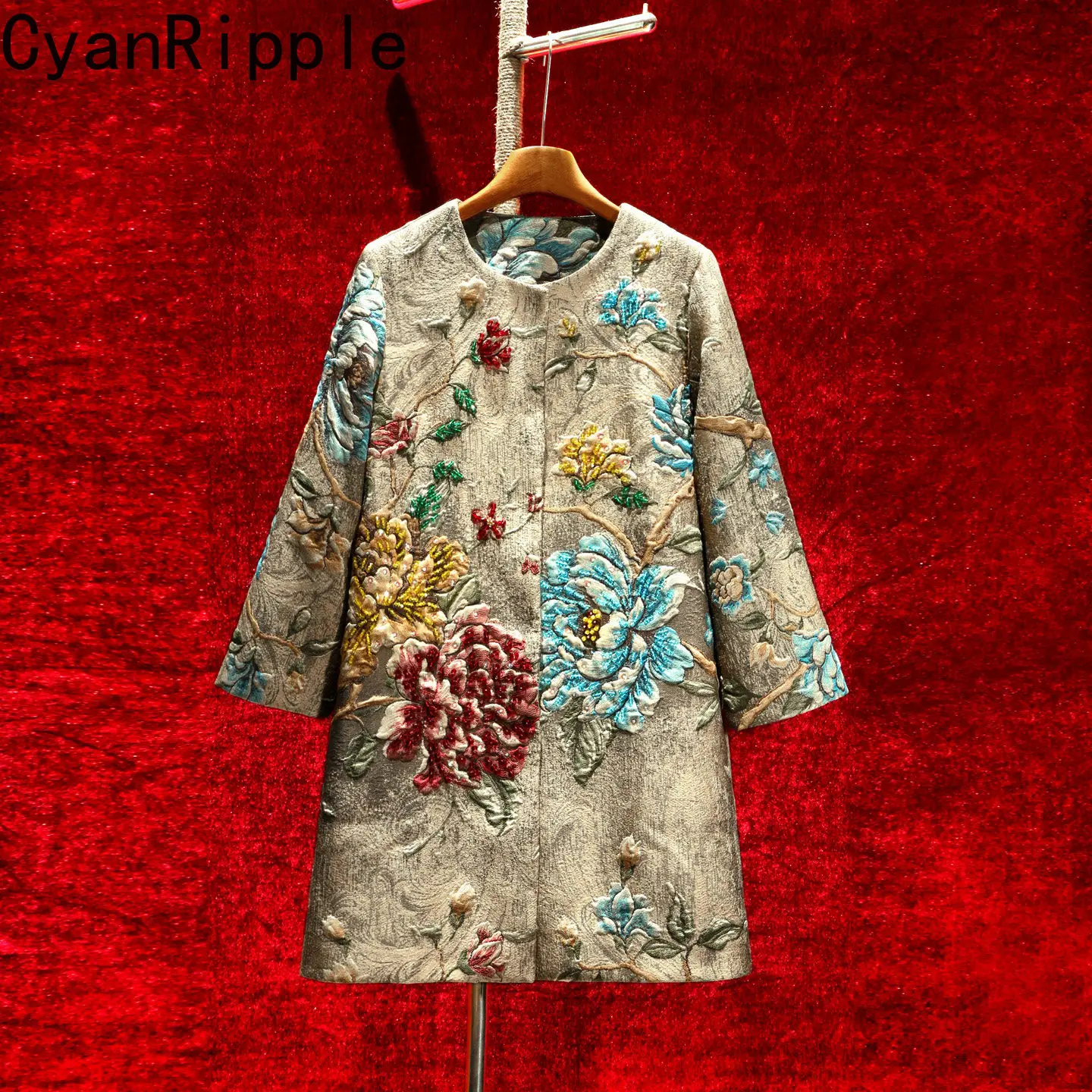 High Quality Emboss Embroidery Jacquard Mid-long Trench Coat 2026 New Autumn Round Neck Luxury Beading Women Loose Windbreaker